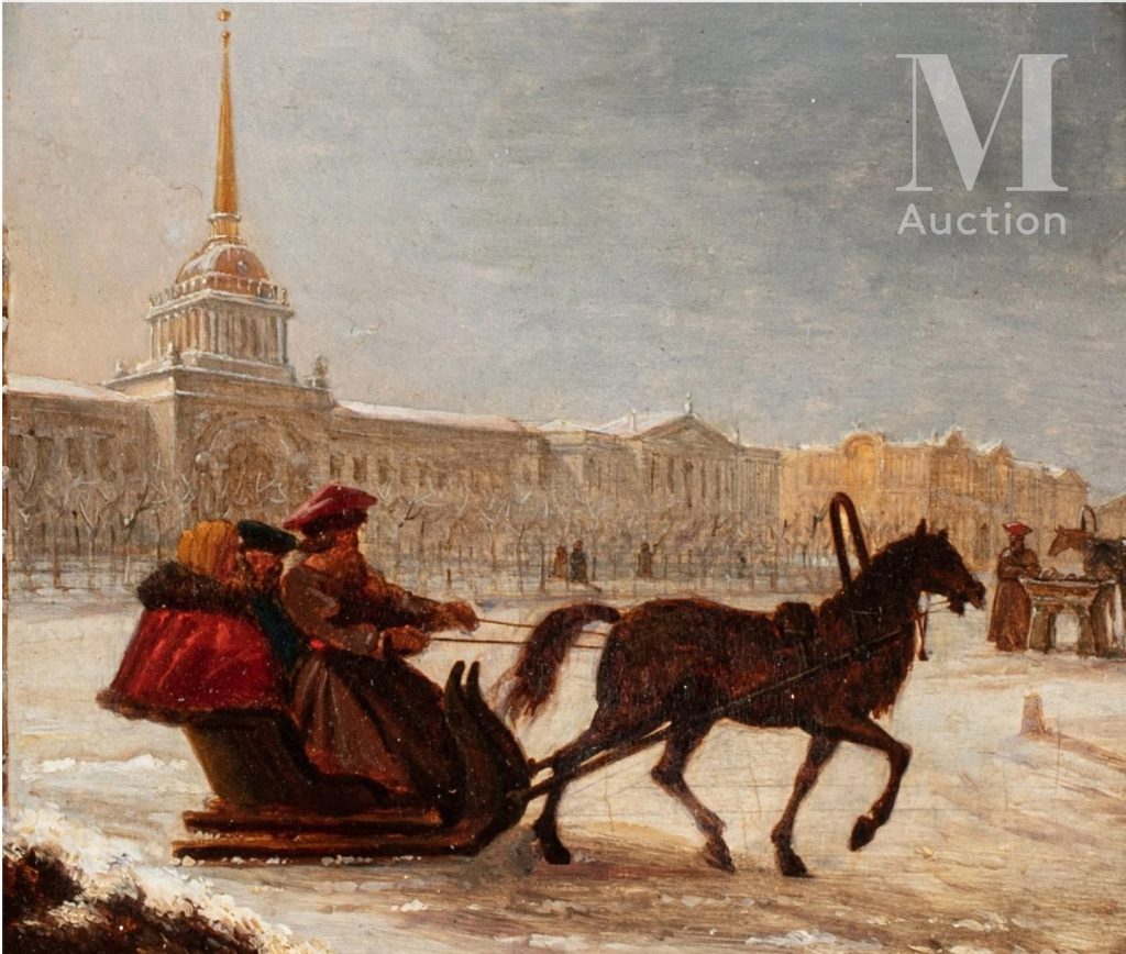 俄罗斯画派油画，圣彼得堡的雪橇车，19世纪